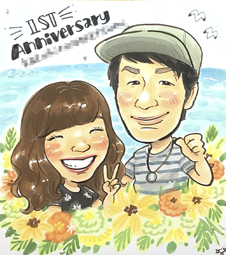「146」作のカップル1年記念日似顔絵