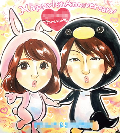 おかさとみ作のウサギとペンギンコスプレの1年記念日似顔絵