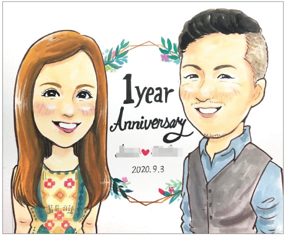 「トミー」描いたカップルの1年記念日似顔絵