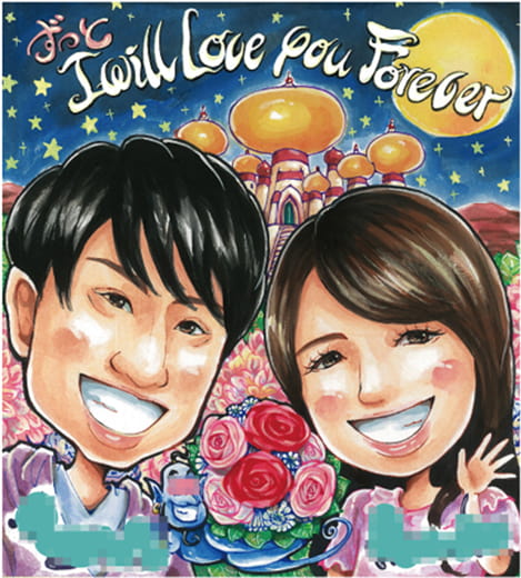 「かっつん」作のお城背景の1年記念日似顔絵
