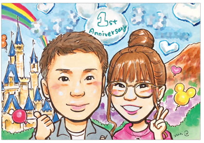 「YURI」作の遊園地背景のカップル1年記念日似顔絵