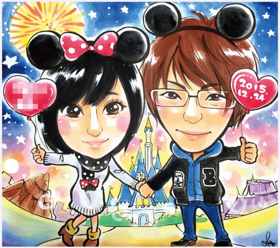 おかさとみが描いた遊園地背景のカップルの2年記念日似顔絵