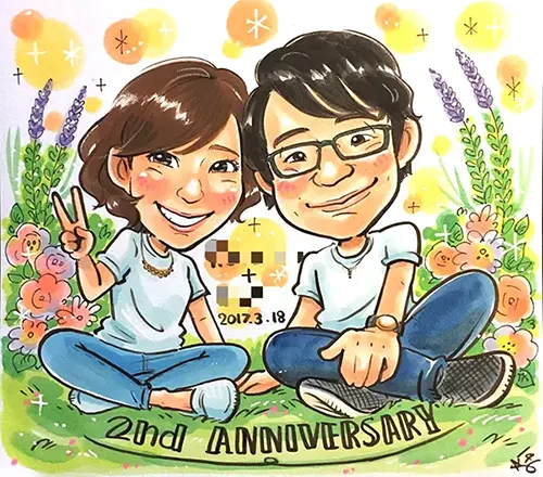 146が描いた草花背景のカップル2年記念日似顔絵