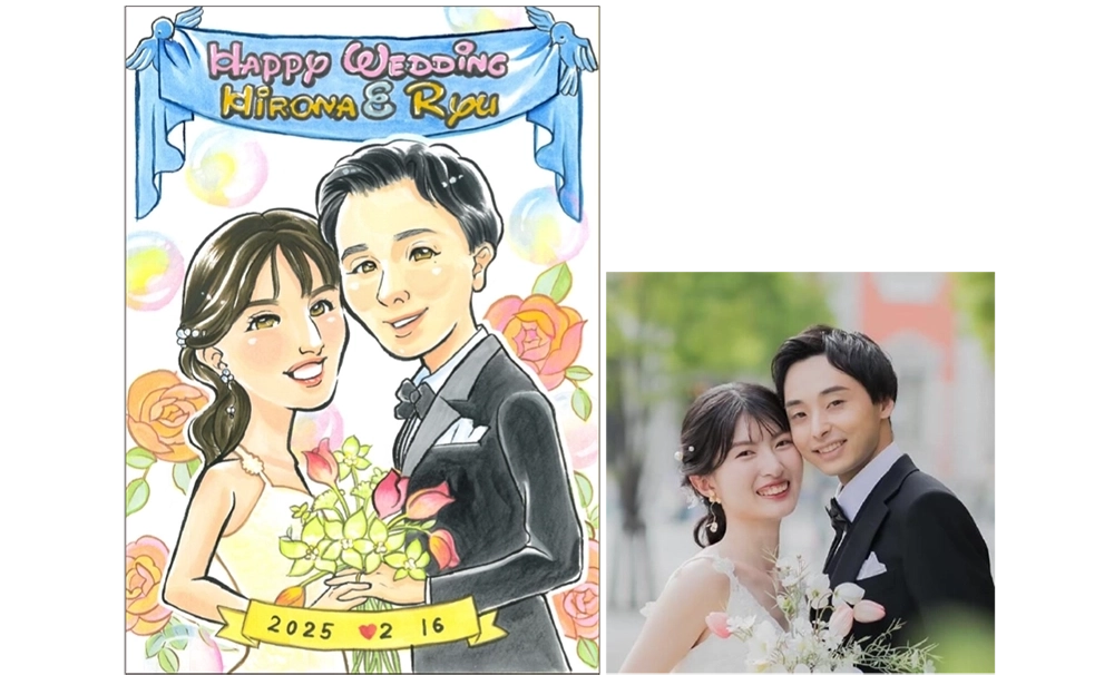 Bellが描いた新郎新婦の似顔絵ウェルカムボードとモデル写真