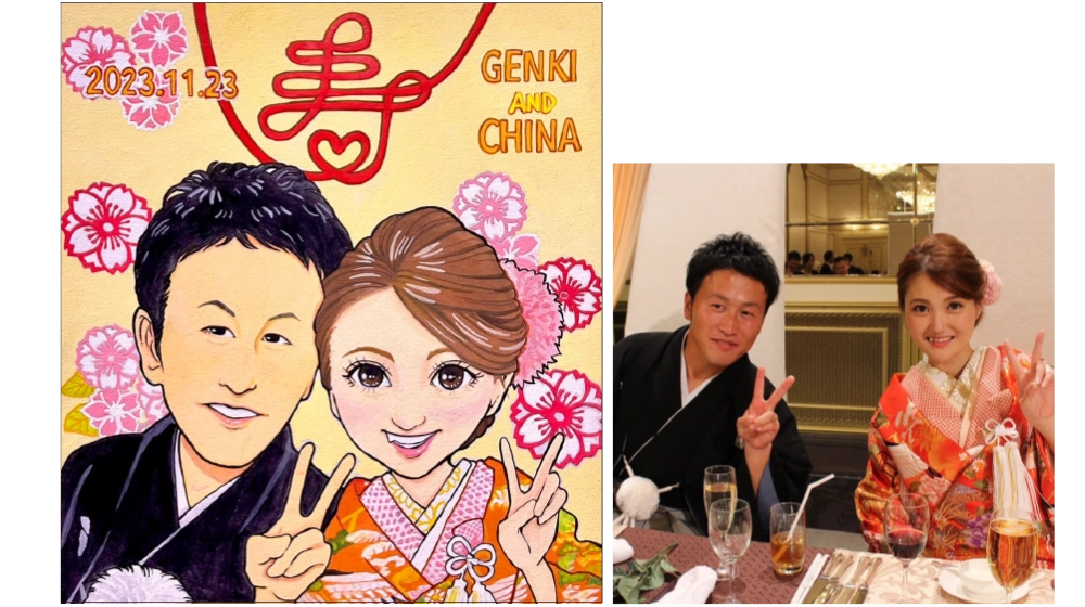 KAYACHIが描いた新郎新婦の和装の似顔絵ウェルカムボードとモデル写真