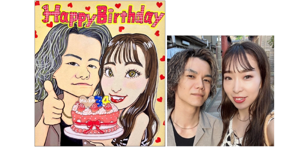 KAYACHIが描いたカップルの誕生日似顔絵とモデル写真