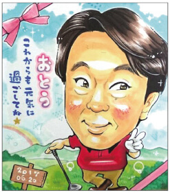 「rioka」作のゴルフ場でゴルフウェア姿の還暦似顔絵