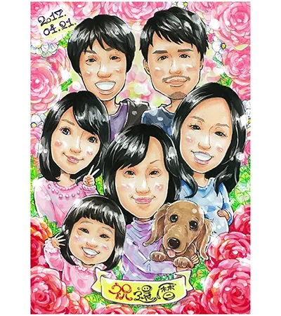 バラの背景に家族とペットも一緒に描いた還暦祝い似顔絵