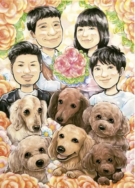 トイプードルやミニチュアダックスフント、家族を描いた似顔絵
