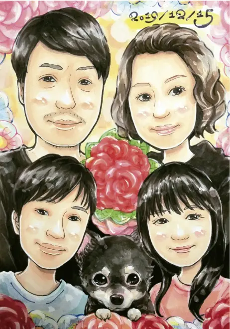 ペニキーズと家族を描いた似顔絵