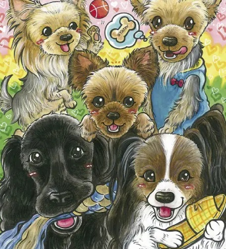 5匹の犬の似顔絵