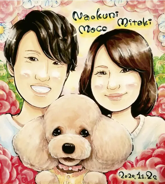 プードルとカップルを描いた似顔絵