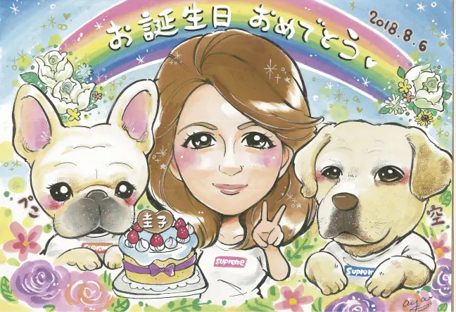 お誕生日プレゼントにフレンチブルドッグと女性を描いた似顔絵
