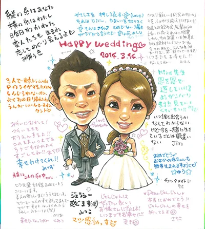 黒木が描いた新郎新婦に贈る寄せ書き似顔絵
