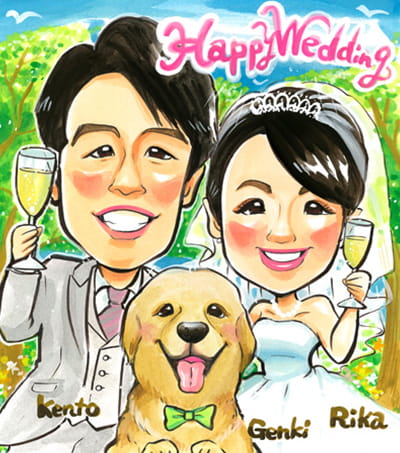 犬も一緒に描いた似顔絵ウェルカムボード