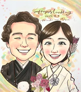 「ぽぽたん」作の新郎新婦和装姿の似顔絵ウェルカムボード