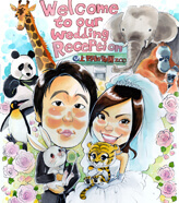 動物園を背景に描いた似顔絵ウェルカムボード