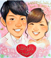 お花に囲まれた似顔絵ウェルカムボード