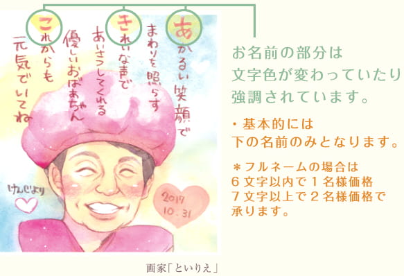 お名前の部分は文字色が変わっていたり、強調されています。・基本的に下の名前のみとなります。・フルネームの場合は5文字以内で1名様価格、6文字以上で2名様価格となります。